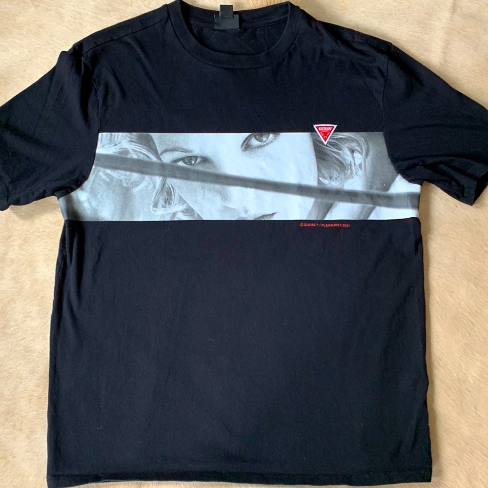 GUESS "PLEASURES" Black & White Graphic T-Shirt